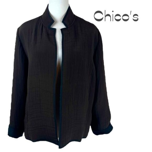 Chico’s Brown W Black Silk Trim Neutral Minimalist Jacket NWOT Size 8 - Picture 2 of 14